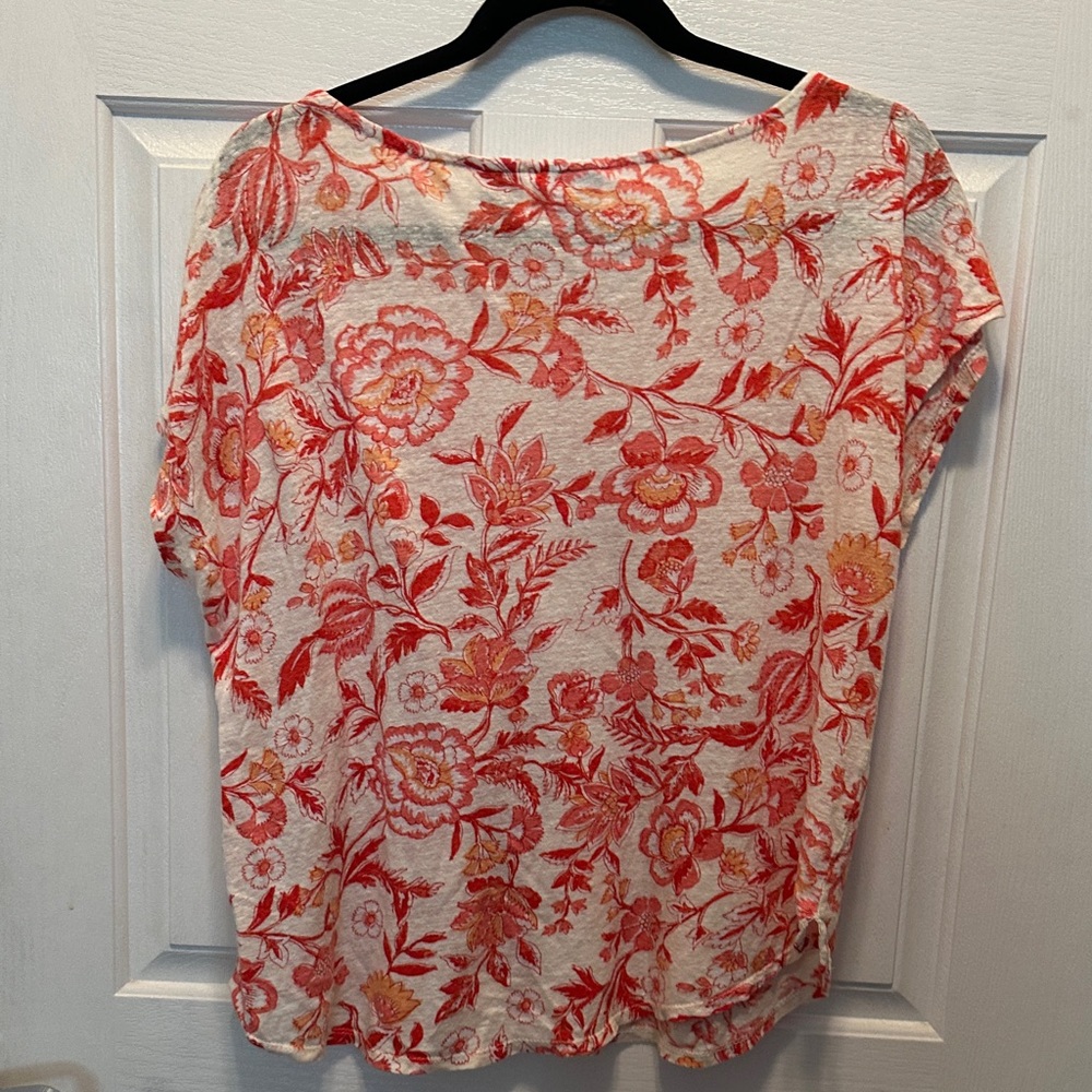 Rachel Zoe Coral and Cream Floral Short Sleeve Tee 100% Linen Size XL - Picture 5 of 6